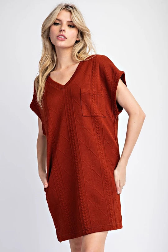 TEXTURED V NECK MINI DRESS -Cinnamon