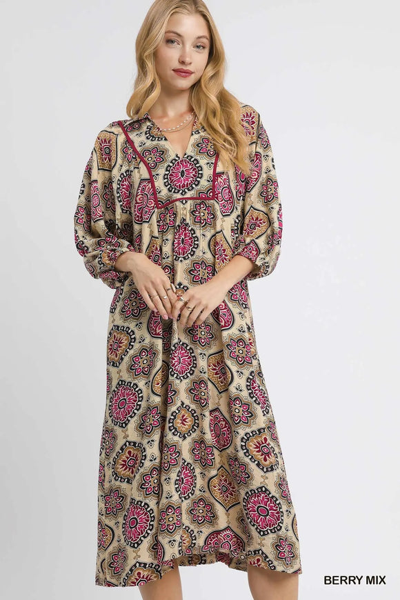 Berry Mix Boho Medallion Print Midi Dress K1087