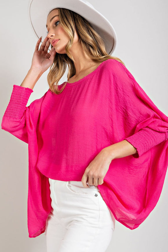 Pink Smocked Linen Dolman Top