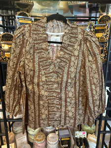 Brown Print Ruffle Neck Top