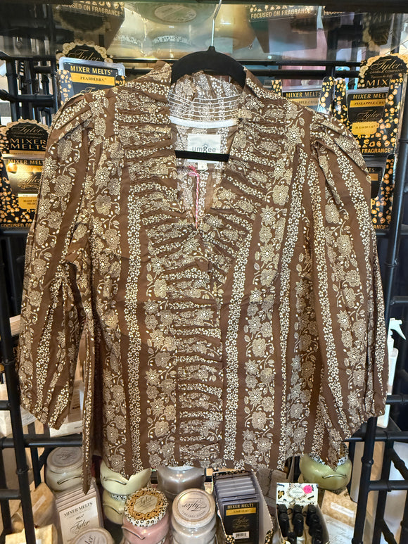 Brown Print Ruffle Neck Top