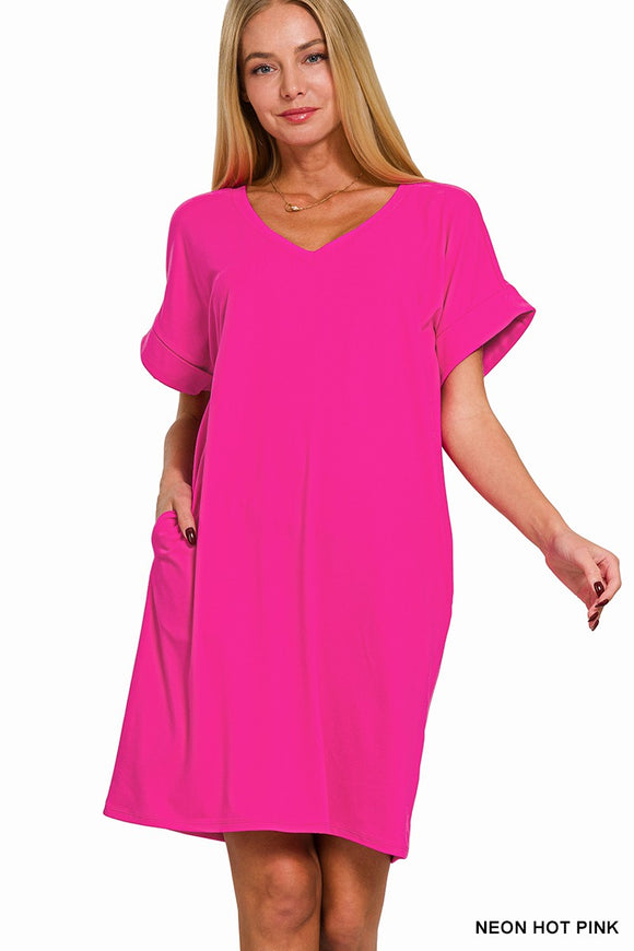 Neon Hot Pink Rolled Sleeve V-Neck Dress