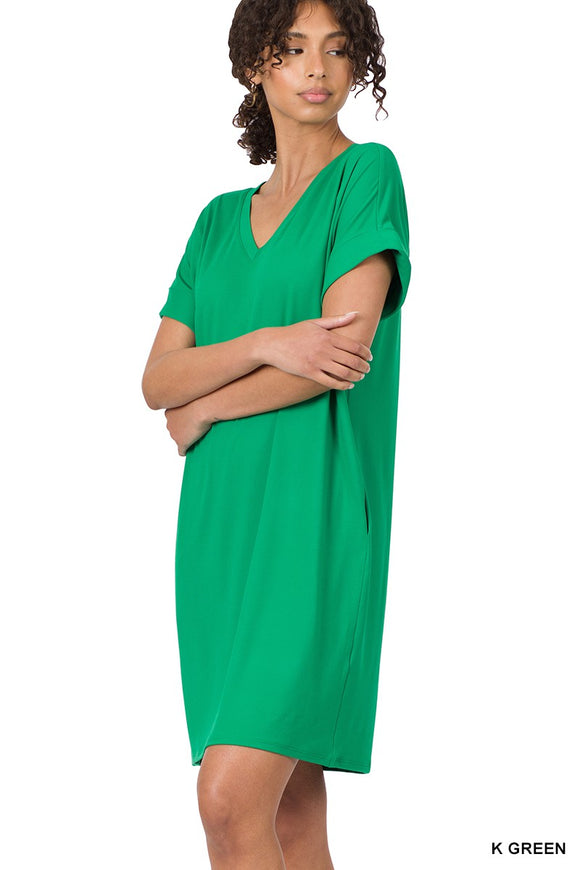 Kelly Green Rolled Sleeve V-Neck Dress