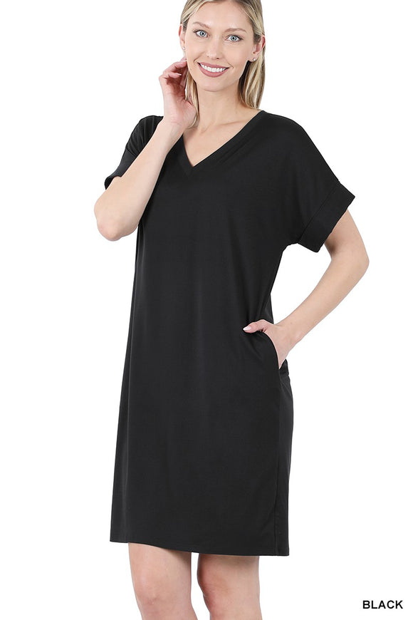 Black Rolled Sleeve V-Neck Dress