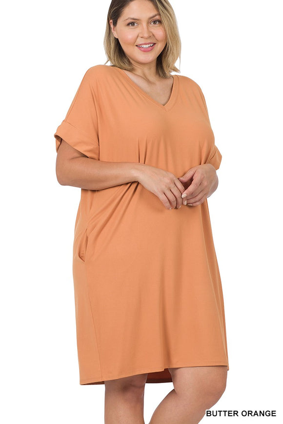 Butter Orange Rolled Sleeve V-Neck Dress