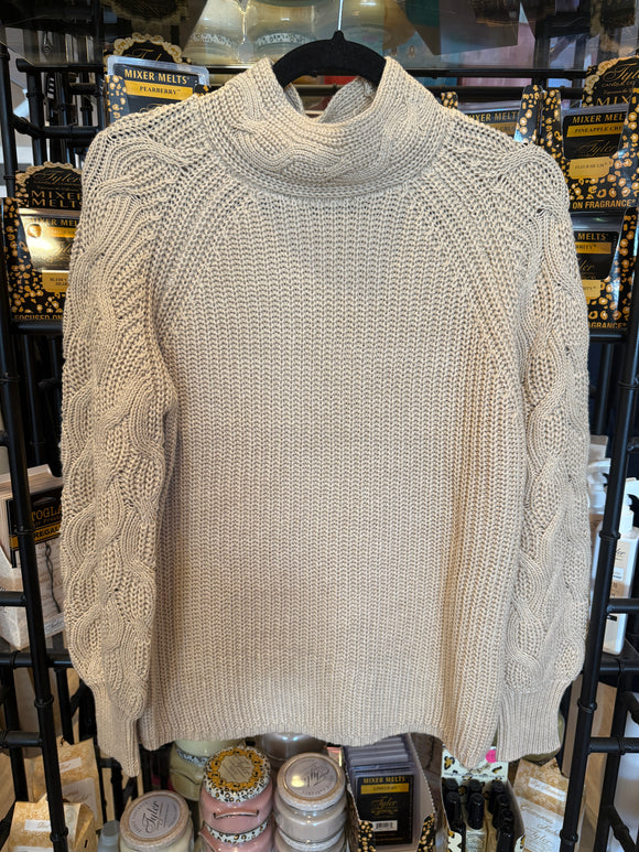 L/S CABLE MOCK NK SWEATER- H. Latte