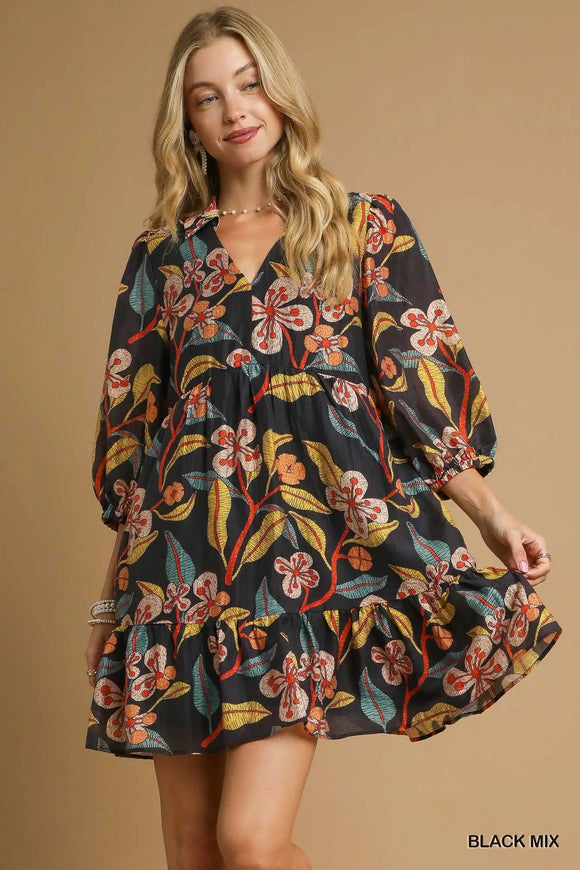 Tropical Floral Ruffle Mini Dress-Black Mix K0944