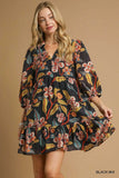 Tropical Floral Ruffle Mini Dress-Black Mix K0944