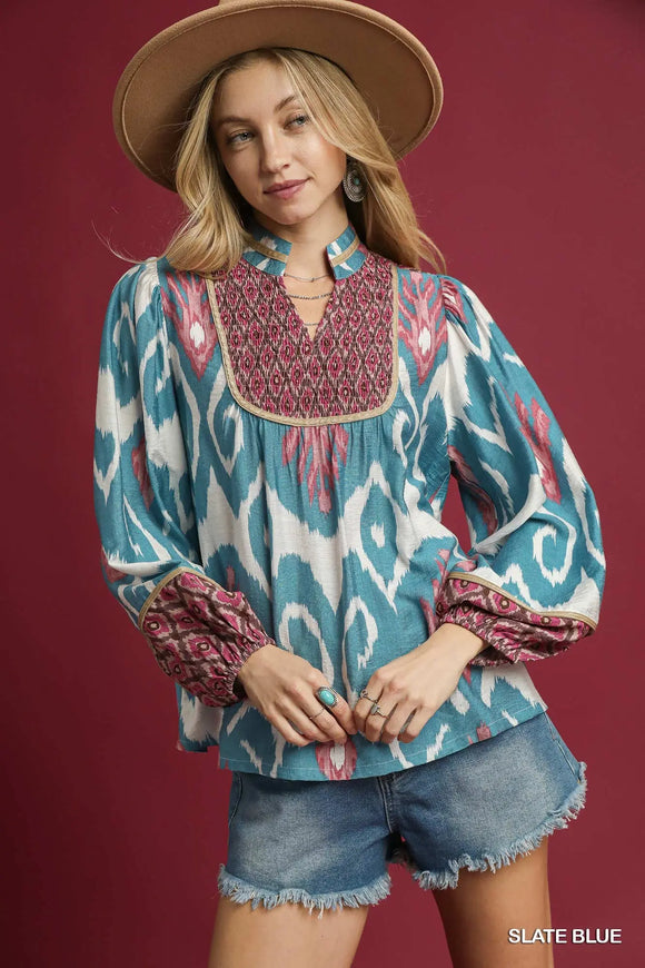 Ikat Print Boho Blouse-Slate Blue C5623