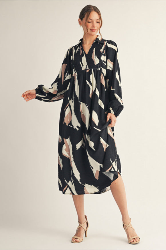 Black Abstract Print MIDI Dress H12573