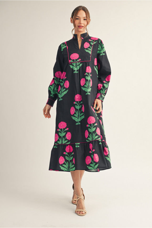 Black Floral Print Midi Dress G15143