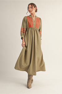 Taupe Stripe Embroidery Midi Dress B12672