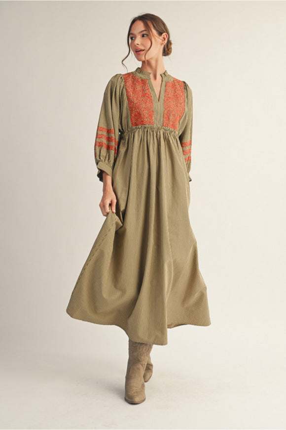 Taupe Stripe Embroidery Midi Dress B12672