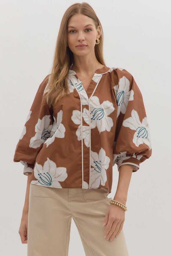 Brown Floral Puff Sleeve Top T28211