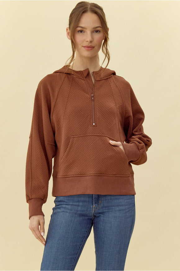 Toffee Textured Half Zipped Hoodie