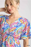 Azure Paisley Print Satin Midi Dress