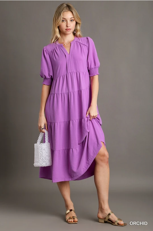 Orchid Solid Tiered MIDI Dress