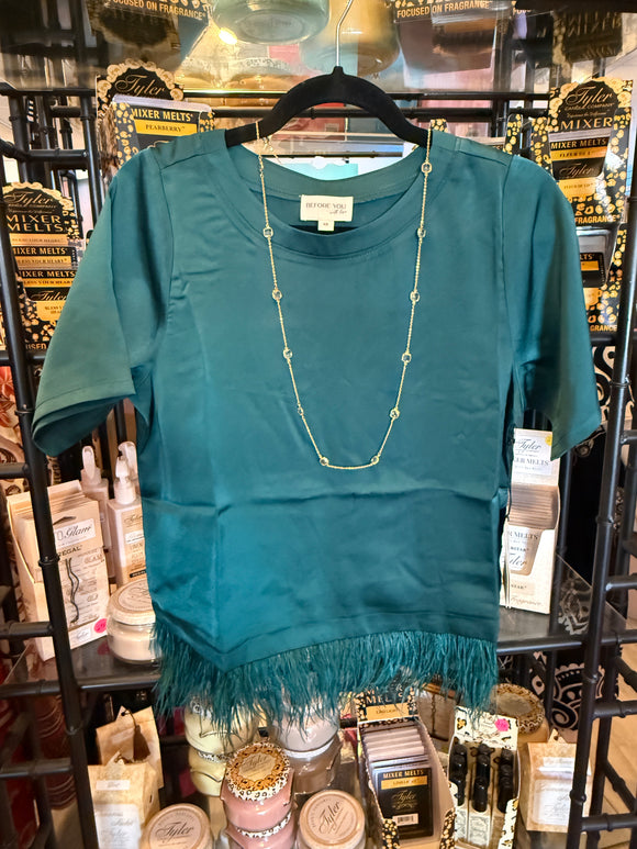 Hunter Green Satin Feather Trim Top T10772