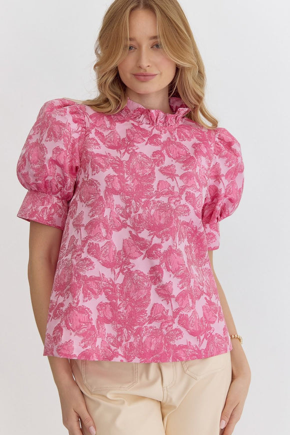 Pink Floral Jacquard Puff Sleeve Top