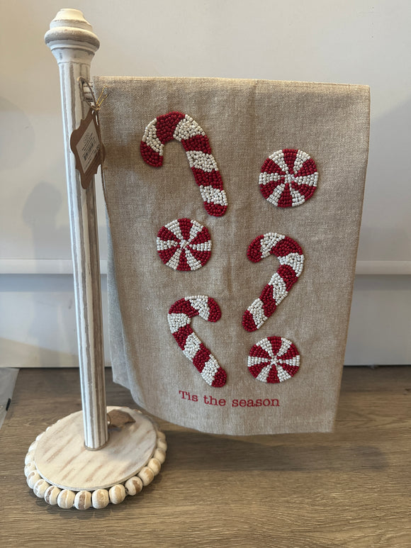 Mud Pie Candy Cane Beaded Hand Towel