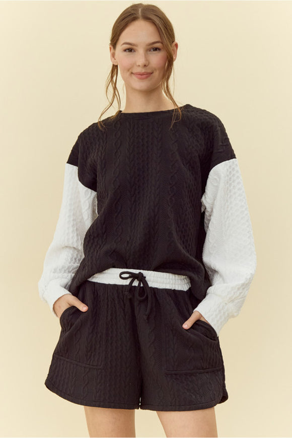 Cable Knit Short Set- Black/White