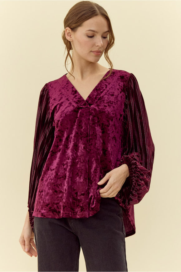 Eggplant Velvet Top w/ Draped Sleeves