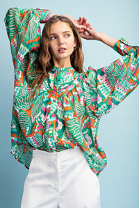 Green Printed Bubble Sleeve Top