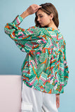 Green Printed Bubble Sleeve Top