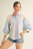 Blue/Pink Puff Sleeve Stripe Top M50244