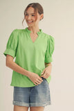 Apple Green Puff Sleeve Crinkle Top B50382