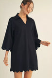 Black 3/4 Sleeve Scallop Hem Dress G15395