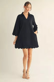 Black 3/4 Sleeve Scallop Hem Dress G15395