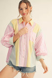 Pink/Yellow Puff Sleeve Stripe Top M50244