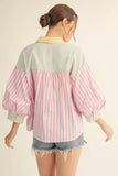 Pink/Yellow Puff Sleeve Stripe Top M50244