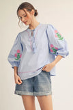 Blue Embroidered Peasant Top B14073