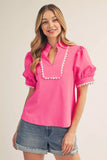 Hot Pink Puff Sleeves Crinkle Top B14128