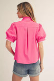 Hot Pink Puff Sleeves Crinkle Top B14128