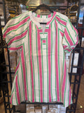 Pink/Green Stripe Puff Sleeve Dress D30322