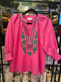 Pink V-Neck Top w/ Green Embroidery T30286