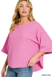 Candy Pink Double Knit Exposed Seam Curved Hem Top HT2708