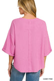 Candy Pink Double Knit Exposed Seam Curved Hem Top HT2708