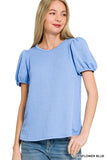 Blue Ribbed Puff Sleeve Top RTK8630