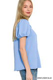 Blue Ribbed Puff Sleeve Top RTK8630