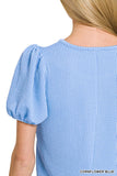 Blue Ribbed Puff Sleeve Top RTK8630