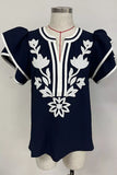 Navy Flutter Sleeve Top w/ Floral Appliqué B50428