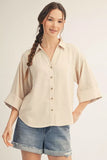 Oatmeal 3/4 Sleeve Top w/ Button Detail H12541