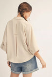 Oatmeal 3/4 Sleeve Top w/ Button Detail H12541