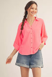 Neon Pink 3/4 Sleeve Top w/ Button Detail H12541