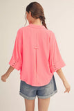 Neon Pink 3/4 Sleeve Top w/ Button Detail H12541