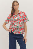 Red Floral Print Top w/ Gold Buttons T30771